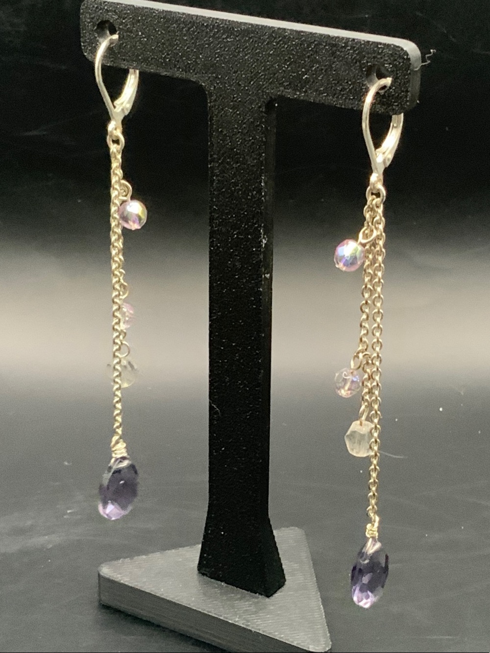 Gold-Tone Dangle Earrings with Purple Crystal Drops